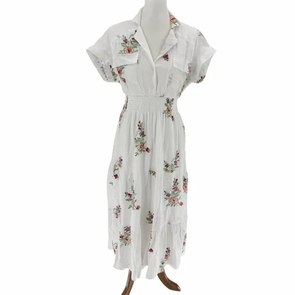 Floral Embroidered White Button-Front Midi Dress With Elastic Waist By J. Gee Si - Picture 1 of 5